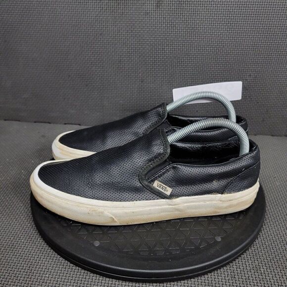 Vans Perf Leather Classic Slip On Shoes Womens Sz 9 Black White Sneakers - Picture 3 of 8